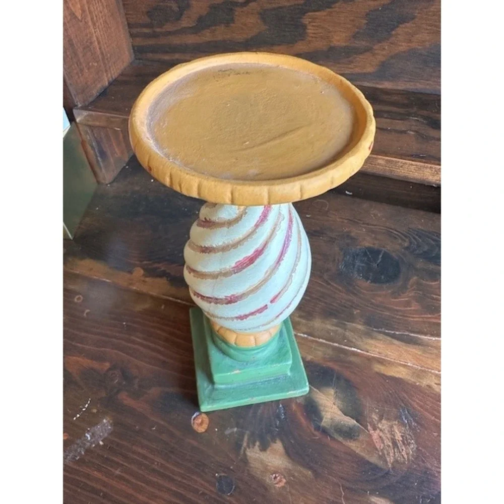 Vintage Hand Painted Ceramic Pillar Candle Holder‎ Spiral Pedestal Green Yellow